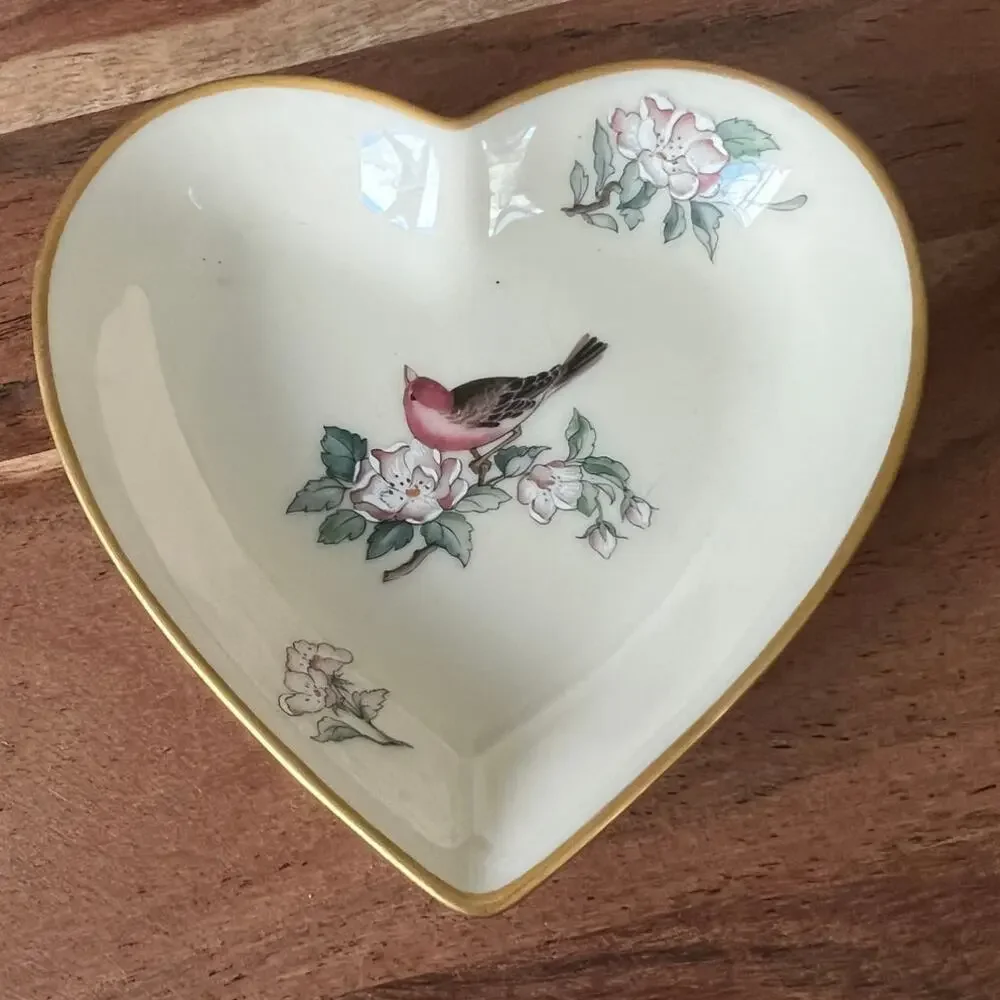 Lenox Serenade heart-shaped dish bird floral 24-karat gold trim jewelry vanity